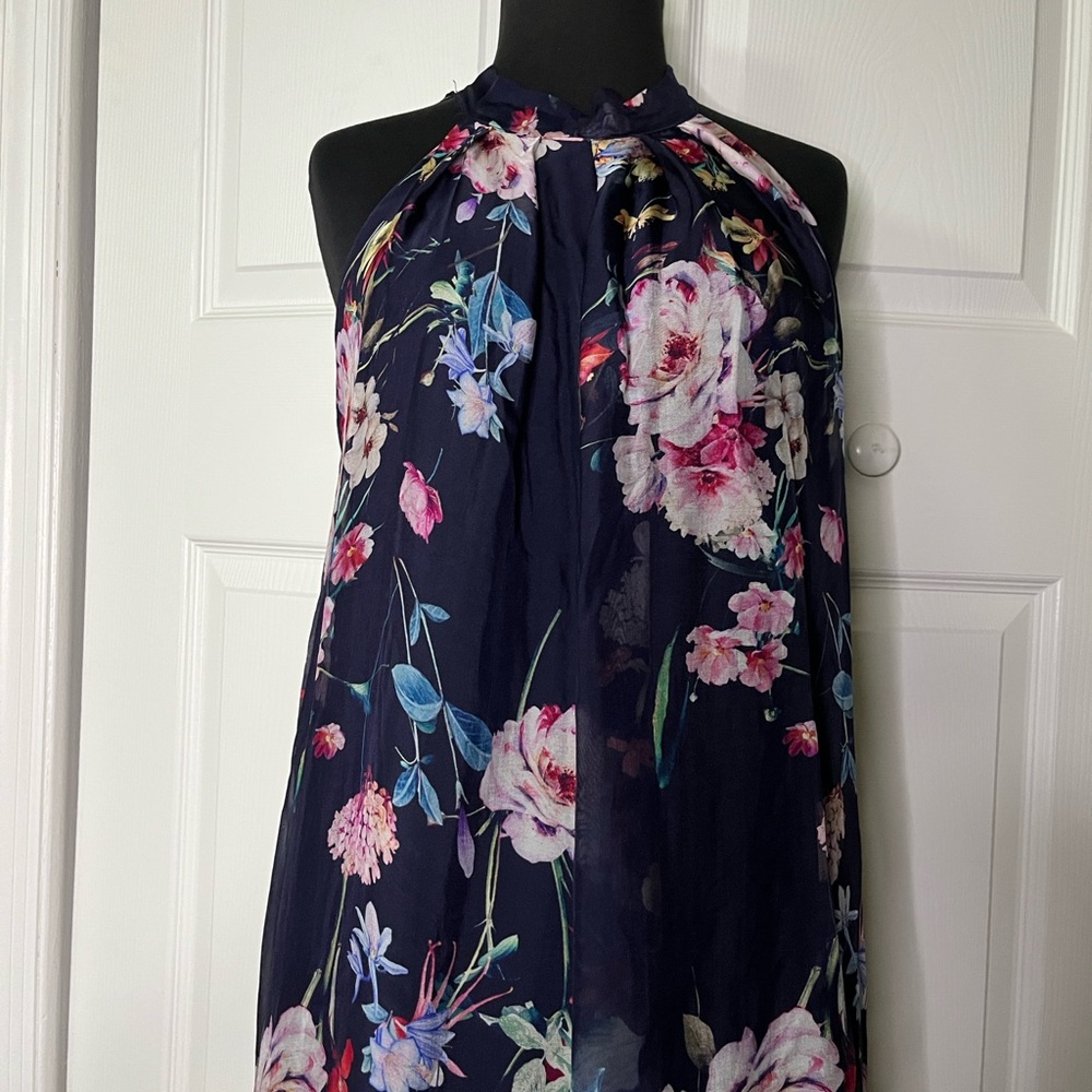 Bellambra Silk Blend Navy Blue Floral Halter Maxi Dress Size Large Made in Italy